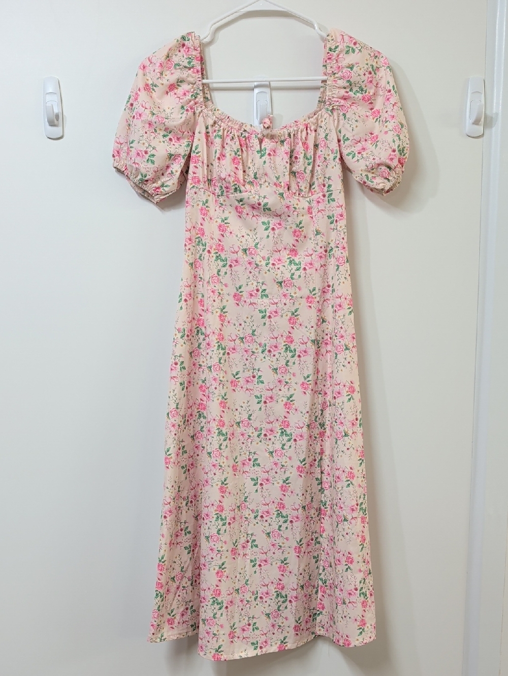 Unbranded Cream Pink Floral Milkmaid Midi Dress Size Small